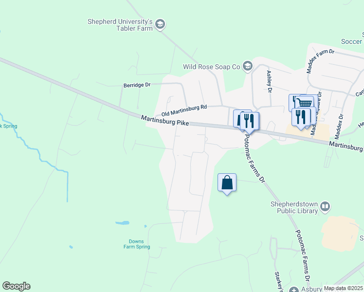 map of restaurants, bars, coffee shops, grocery stores, and more near 472 Sandpiper Lane in Shepherdstown