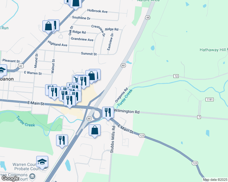 map of restaurants, bars, coffee shops, grocery stores, and more near 115 Oregonia Road in Lebanon