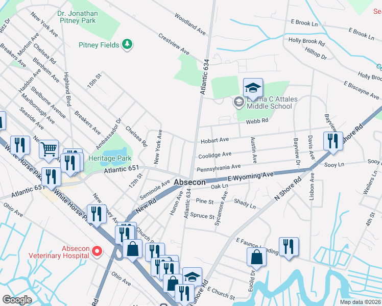 map of restaurants, bars, coffee shops, grocery stores, and more near 700 Pitney Road in Absecon
