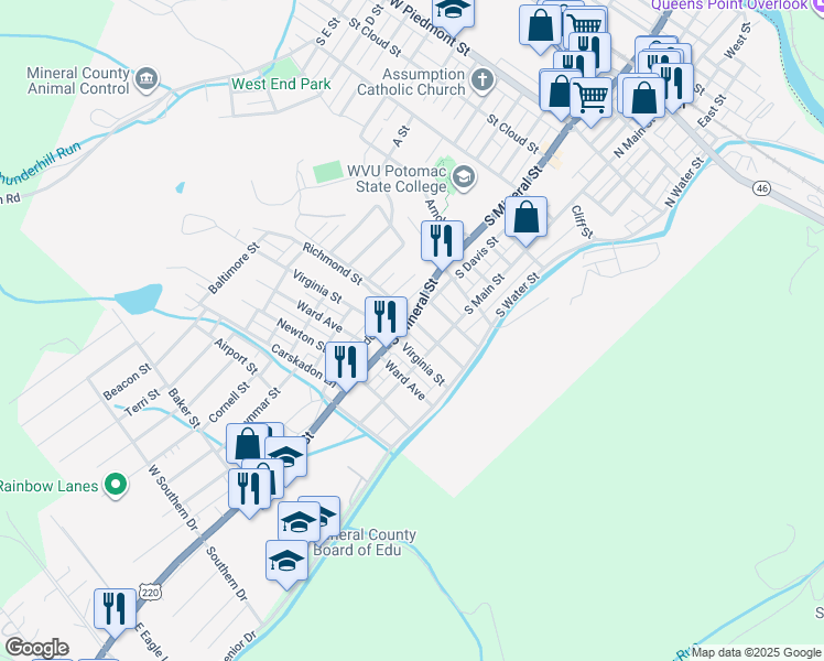 map of restaurants, bars, coffee shops, grocery stores, and more near 401 S Mineral St in Keyser