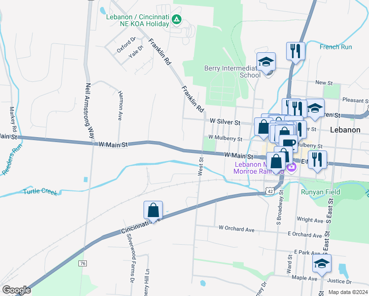 map of restaurants, bars, coffee shops, grocery stores, and more near 533 South West Street in Lebanon