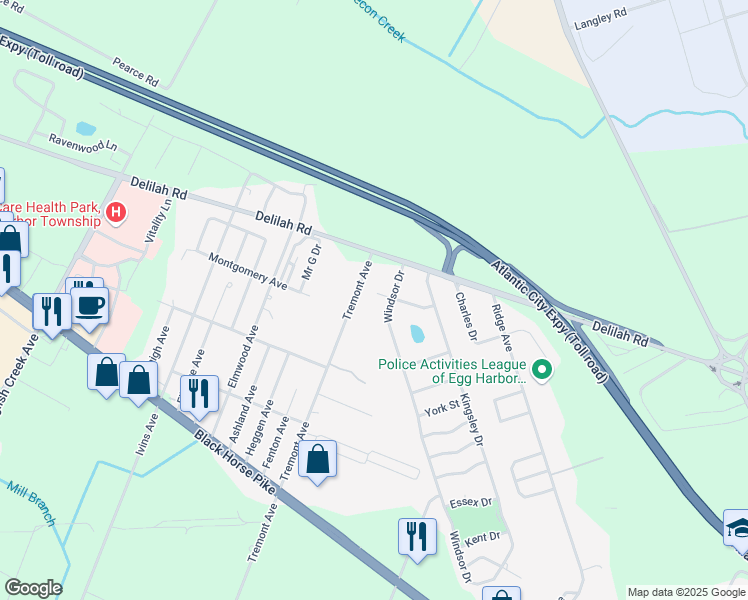 map of restaurants, bars, coffee shops, grocery stores, and more near 400 Langley Avenue in Egg Harbor Township