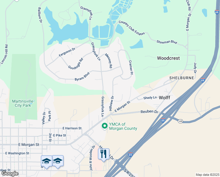 map of restaurants, bars, coffee shops, grocery stores, and more near 80 Hillview Drive in Martinsville