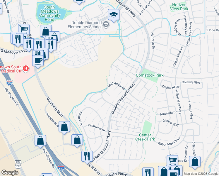 map of restaurants, bars, coffee shops, grocery stores, and more near 1420 Gold Cliff Court in Reno