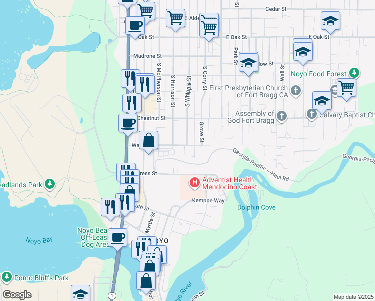 map of restaurants, bars, coffee shops, grocery stores, and more near in Fort Bragg