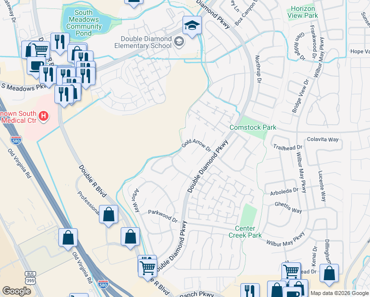 map of restaurants, bars, coffee shops, grocery stores, and more near 1420 Gold Cliff Court in Reno