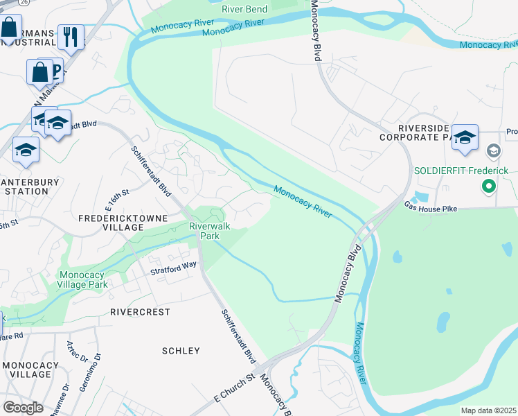 map of restaurants, bars, coffee shops, grocery stores, and more near 1307 Willow Oak Drive in Frederick