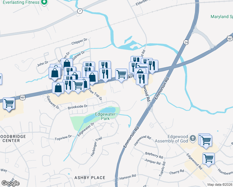 map of restaurants, bars, coffee shops, grocery stores, and more near 2003 Magnolia Woods Court in Edgewood