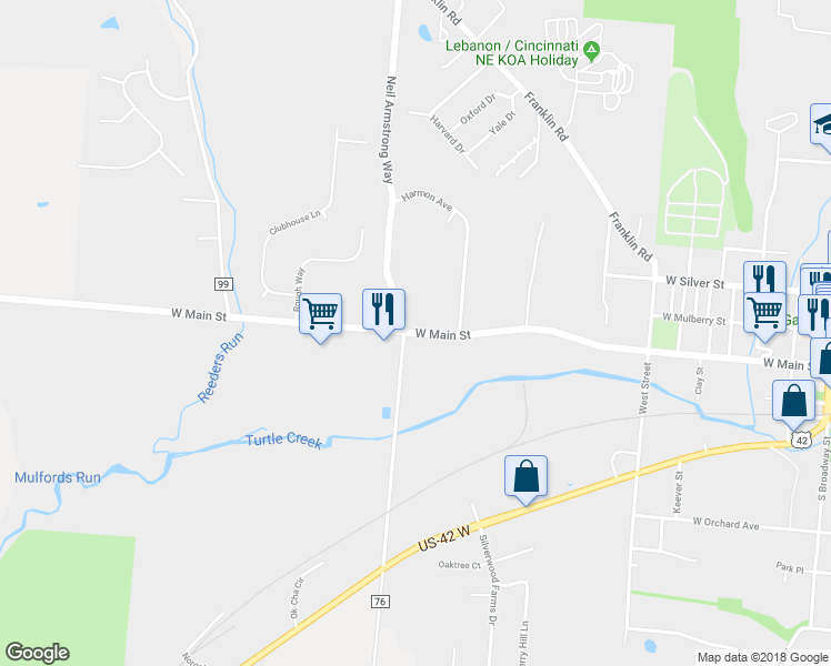 map of restaurants, bars, coffee shops, grocery stores, and more near West Main Street in Lebanon