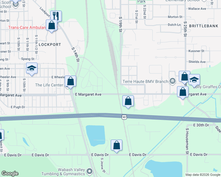 map of restaurants, bars, coffee shops, grocery stores, and more near 1671-1899 Lockport Road in Terre Haute