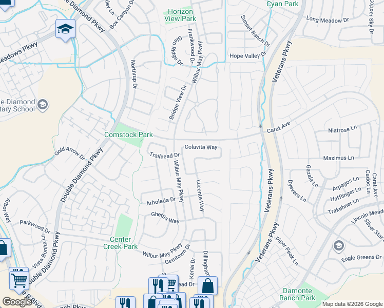 map of restaurants, bars, coffee shops, grocery stores, and more near 1737 Colavita Way in Reno