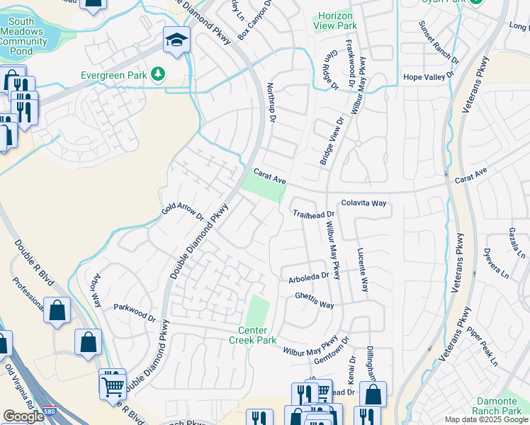 map of restaurants, bars, coffee shops, grocery stores, and more near 10155 Buckeye Court in Reno