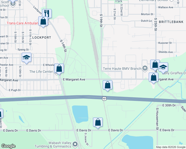 map of restaurants, bars, coffee shops, grocery stores, and more near 1671-1899 Lockport Road in Terre Haute