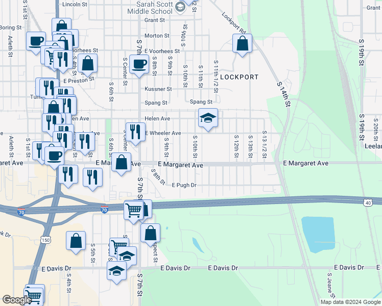 map of restaurants, bars, coffee shops, grocery stores, and more near 2922 South 10th Street in Terre Haute