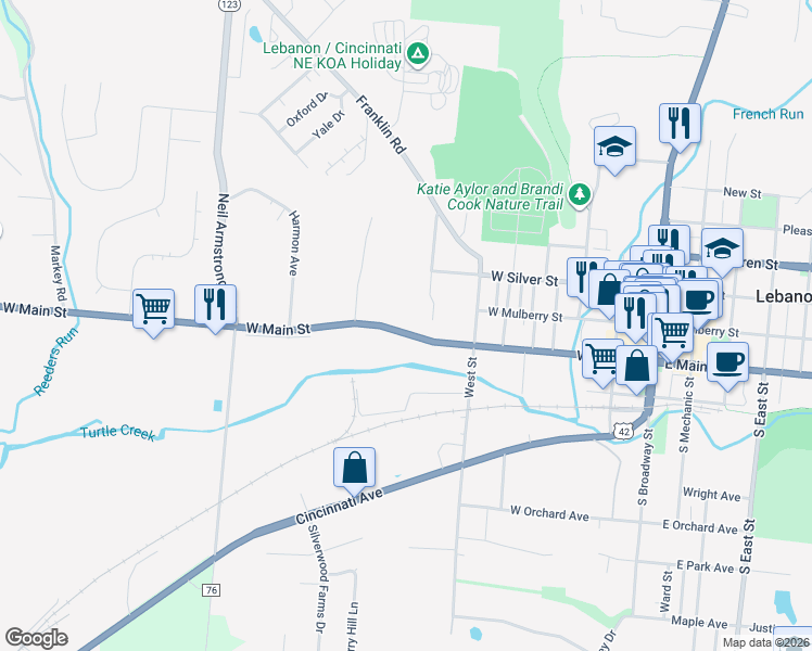 map of restaurants, bars, coffee shops, grocery stores, and more near 548 West Main Street in Lebanon