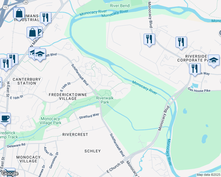 map of restaurants, bars, coffee shops, grocery stores, and more near 1407 Willow Oak Drive in Frederick