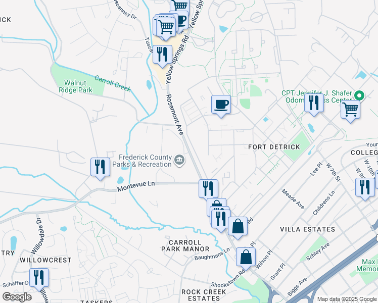 map of restaurants, bars, coffee shops, grocery stores, and more near 1955 Rosemont Avenue in Frederick