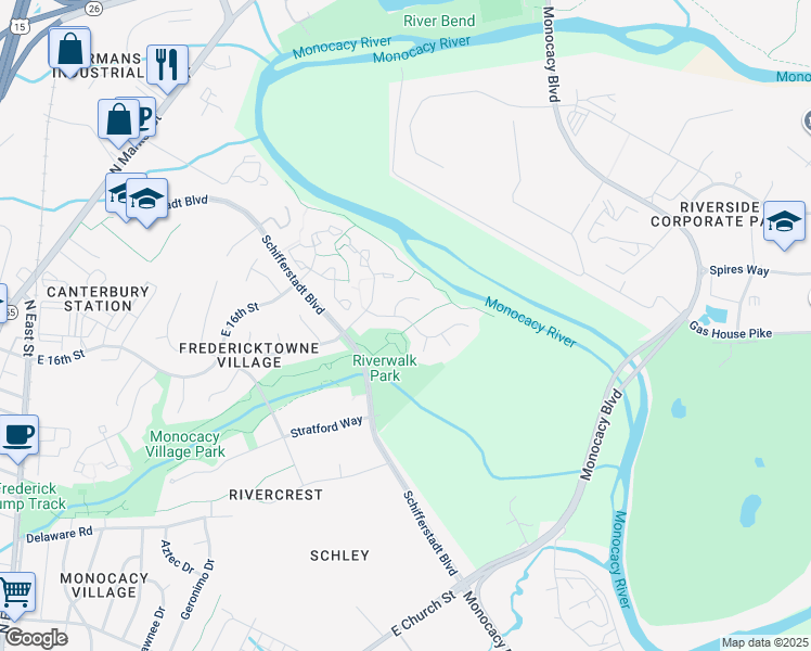 map of restaurants, bars, coffee shops, grocery stores, and more near 1407 Willow Oak Drive in Frederick