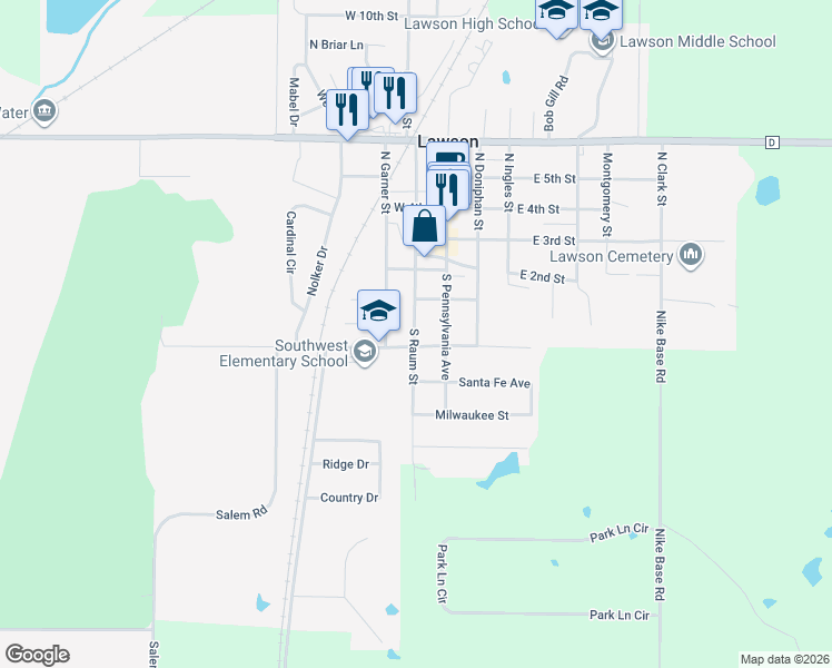 map of restaurants, bars, coffee shops, grocery stores, and more near 108 South Raum Street in Lawson