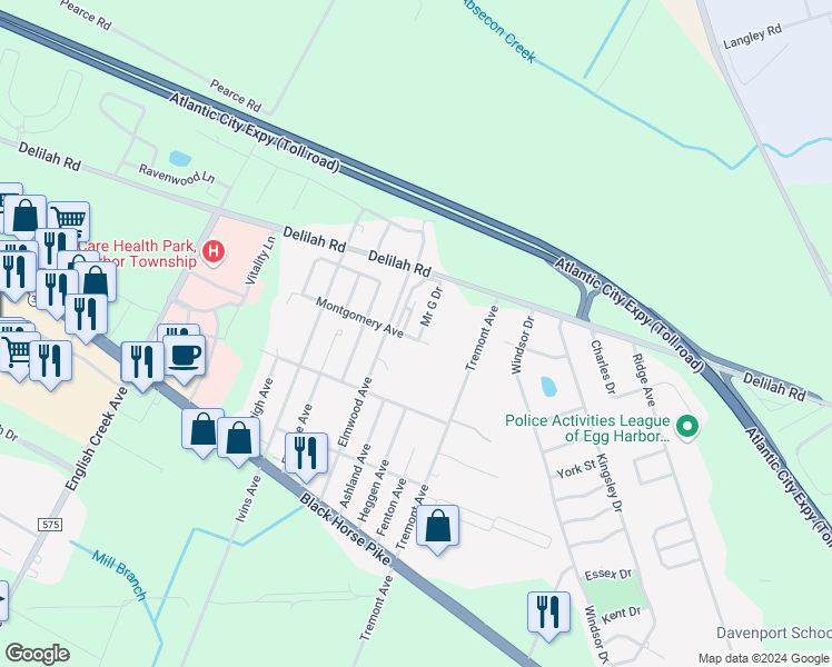 map of restaurants, bars, coffee shops, grocery stores, and more near 25 Mr G Drive in Egg Harbor Township