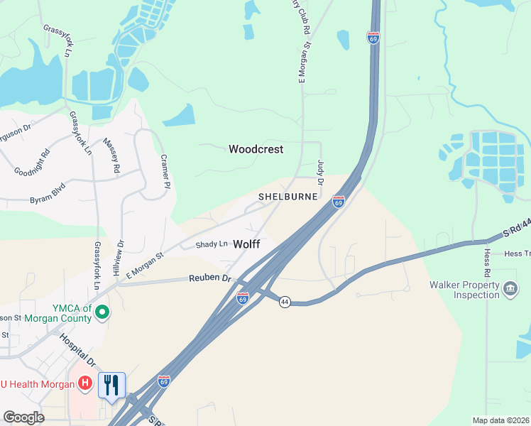 map of restaurants, bars, coffee shops, grocery stores, and more near 2640 East Morgan Street in Martinsville