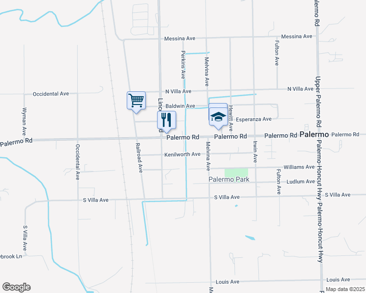 map of restaurants, bars, coffee shops, grocery stores, and more near 2051 Palermo Road in Palermo