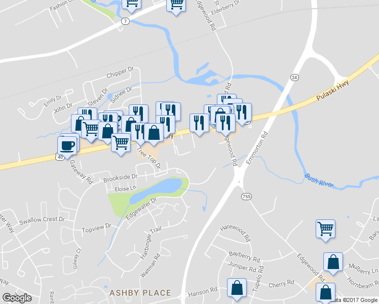 map of restaurants, bars, coffee shops, grocery stores, and more near 2003 Magnolia Woods Court in Edgewood