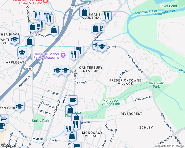 map of restaurants, bars, coffee shops, grocery stores, and more near 312 Faversham Place in Frederick