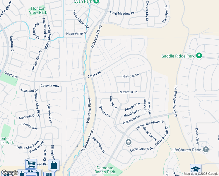 map of restaurants, bars, coffee shops, grocery stores, and more near 9593 Gazala Lane in Reno