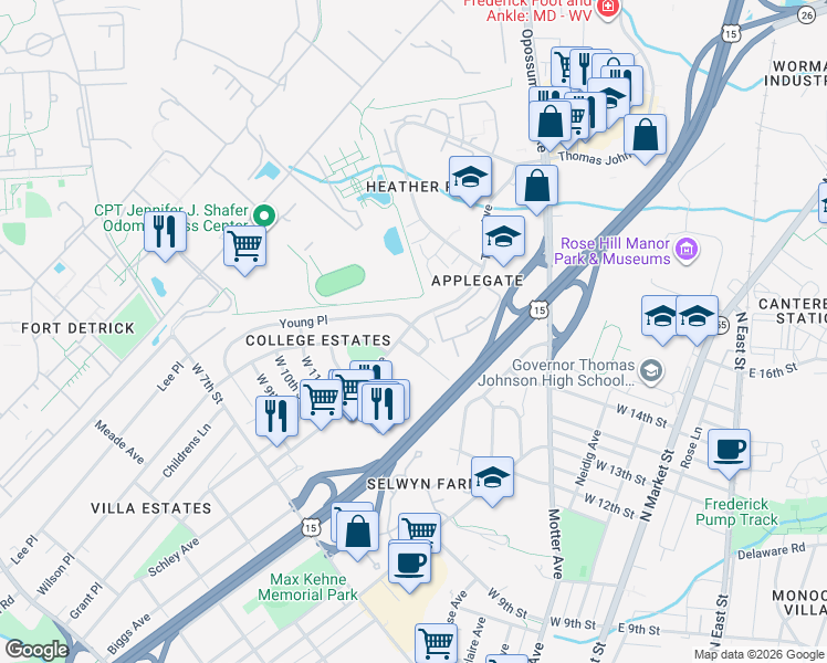map of restaurants, bars, coffee shops, grocery stores, and more near 1404 Taney Ave in Frederick