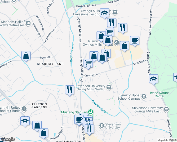 map of restaurants, bars, coffee shops, grocery stores, and more near 11299 Owings Mills Boulevard in Owings Mills
