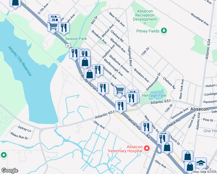 map of restaurants, bars, coffee shops, grocery stores, and more near 646 White Horse Pike in Absecon