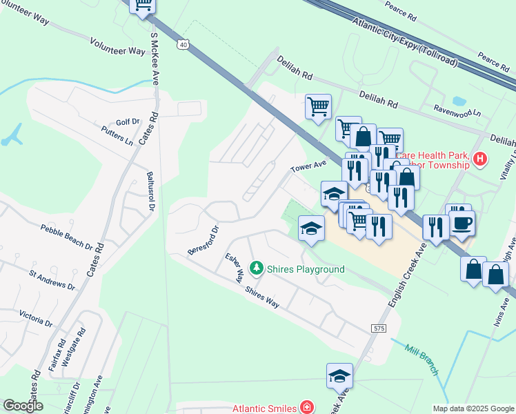 map of restaurants, bars, coffee shops, grocery stores, and more near 17 Tower Avenue in Egg Harbor Township
