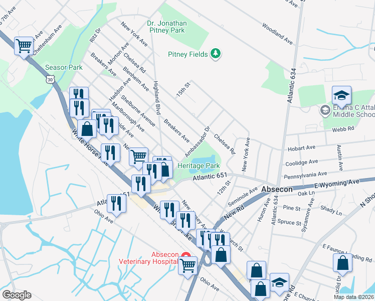 map of restaurants, bars, coffee shops, grocery stores, and more near 710 Breakers Avenue in Absecon