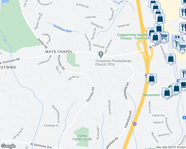 map of restaurants, bars, coffee shops, grocery stores, and more near 58 Battersea Bridge Court in Lutherville-Timonium