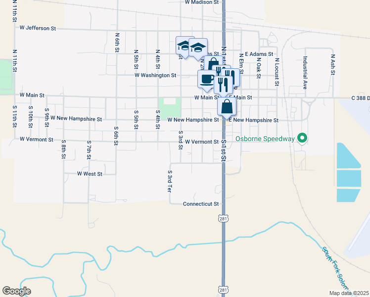 map of restaurants, bars, coffee shops, grocery stores, and more near 301-529 South 3rd Street in Osborne