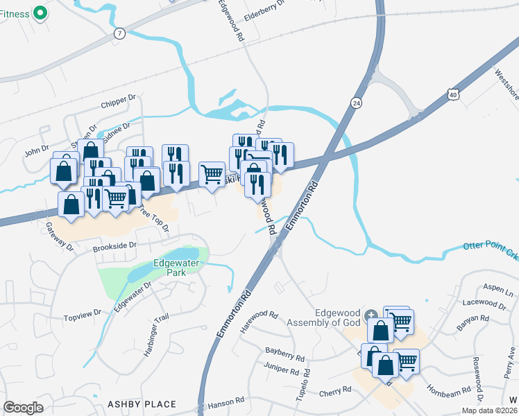 map of restaurants, bars, coffee shops, grocery stores, and more near 1010 Edgewood Road in Edgewood