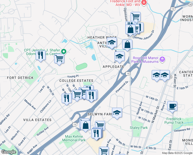 map of restaurants, bars, coffee shops, grocery stores, and more near 1331 Taney Avenue in Frederick