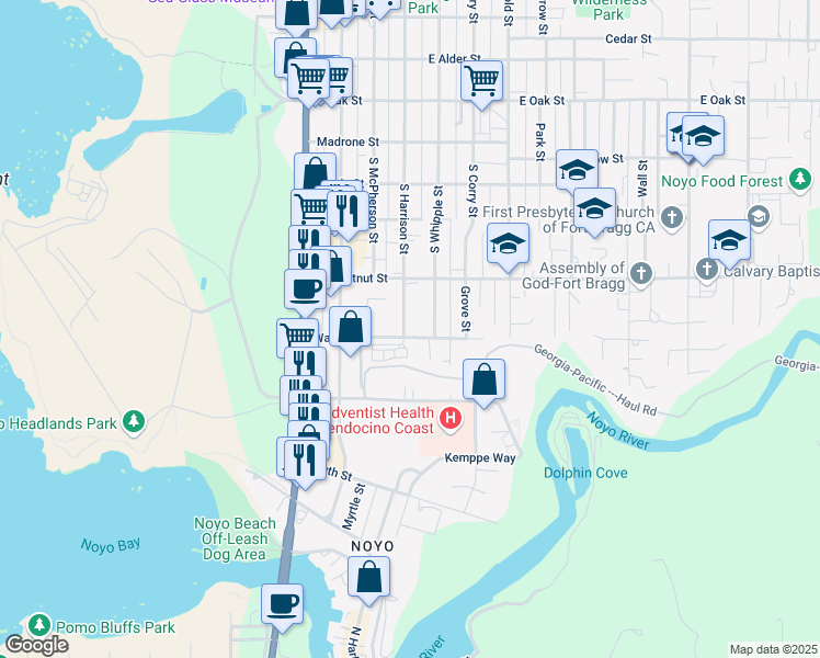 map of restaurants, bars, coffee shops, grocery stores, and more near 579 South Harrison Street in Fort Bragg