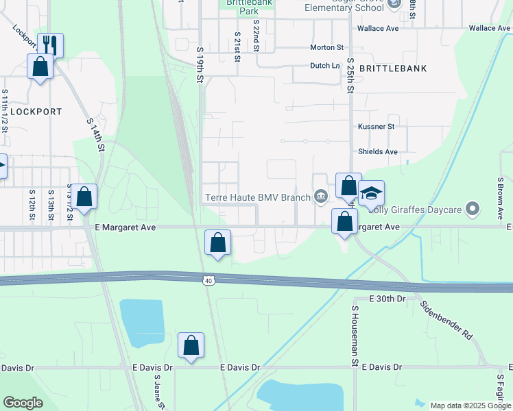 map of restaurants, bars, coffee shops, grocery stores, and more near 2900 South 22nd Street in Terre Haute