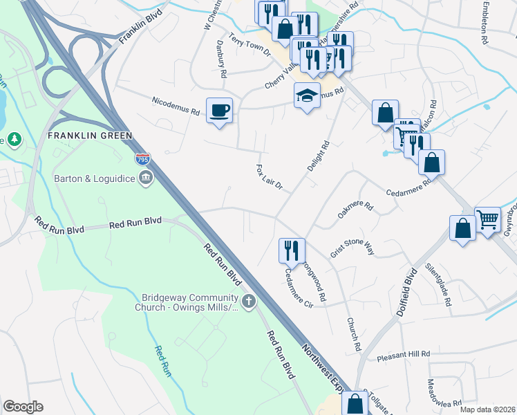 map of restaurants, bars, coffee shops, grocery stores, and more near 208 Church Road in Reisterstown