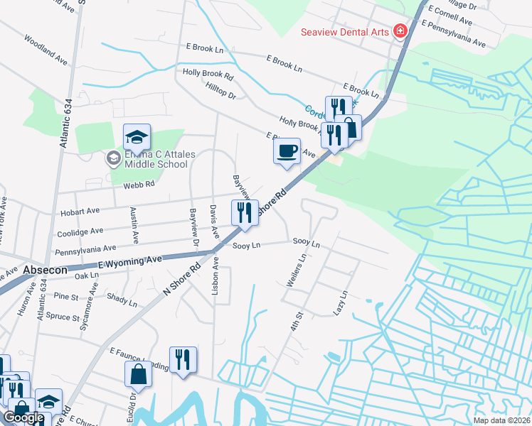 map of restaurants, bars, coffee shops, grocery stores, and more near 704 North Shore Road in Absecon