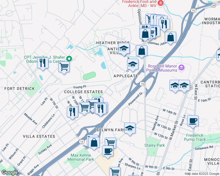 map of restaurants, bars, coffee shops, grocery stores, and more near 1404a Taney Avenue in Frederick