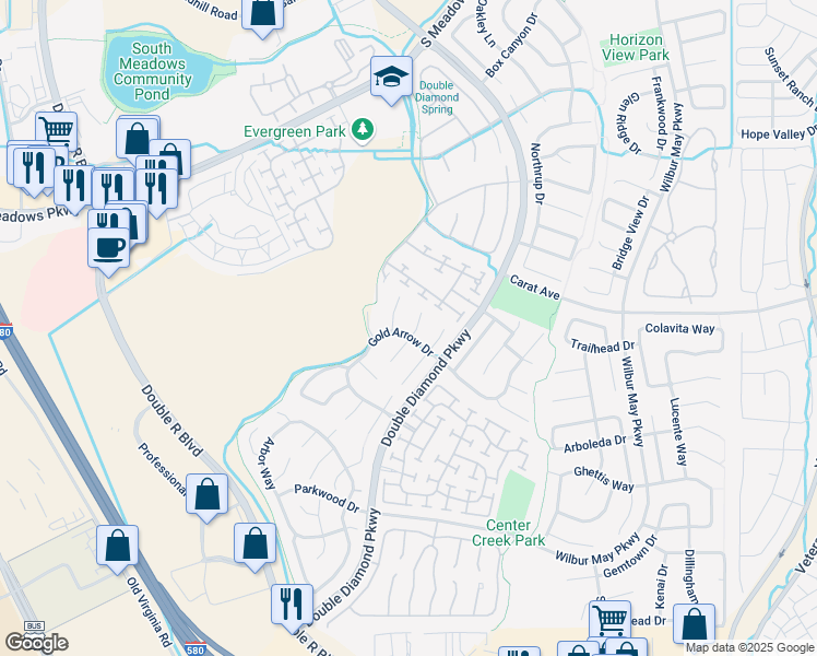 map of restaurants, bars, coffee shops, grocery stores, and more near 10397 Bronze Wood Court in Reno