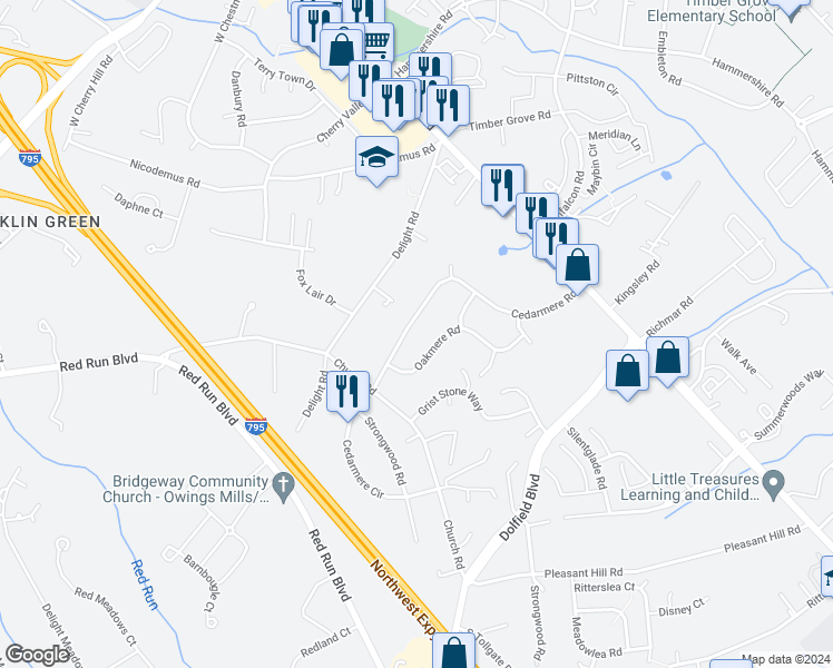 map of restaurants, bars, coffee shops, grocery stores, and more near 121 Cedarmere Road in Owings Mills
