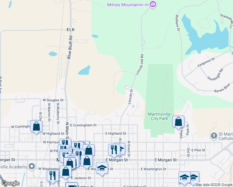 map of restaurants, bars, coffee shops, grocery stores, and more near 863 Lincoln Heights Drive in Martinsville