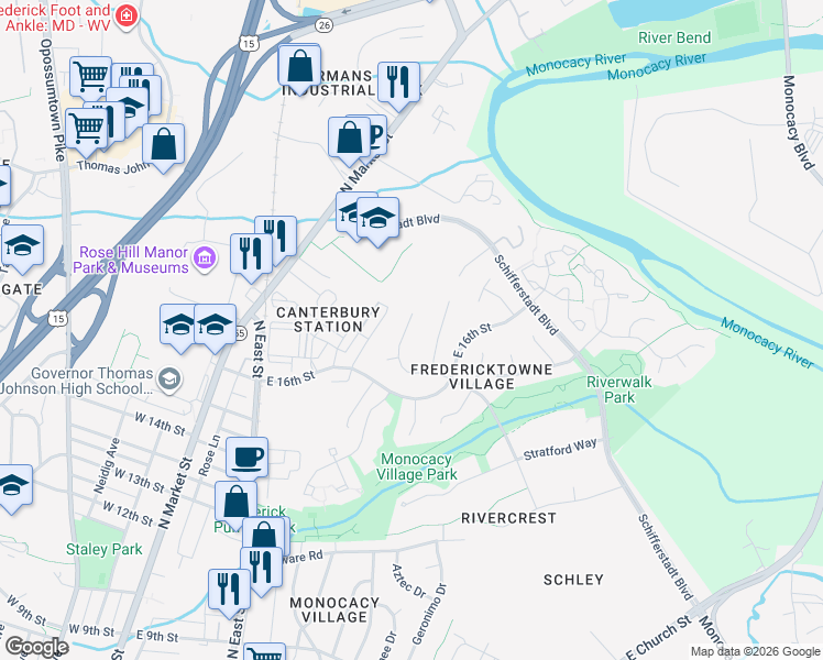 map of restaurants, bars, coffee shops, grocery stores, and more near 1724 Dogwood Drive in Frederick