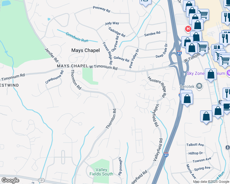 map of restaurants, bars, coffee shops, grocery stores, and more near 29 Battersea Bridge Court in Timonium
