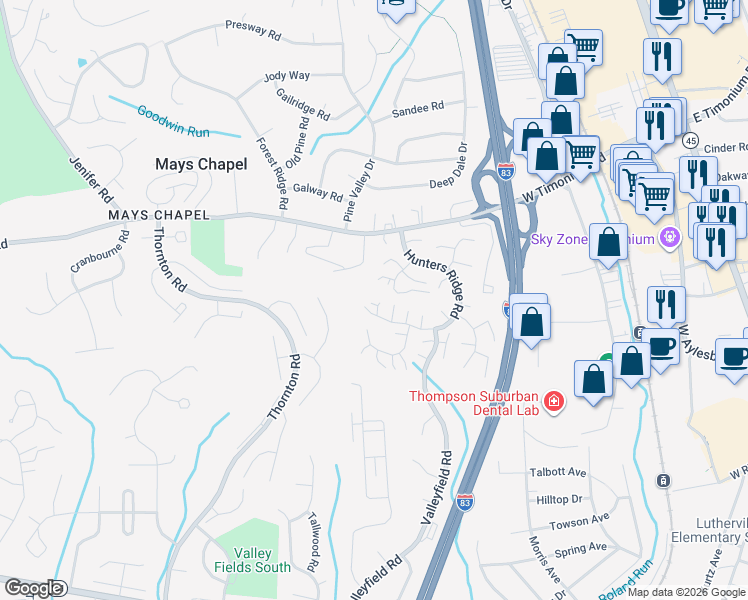 map of restaurants, bars, coffee shops, grocery stores, and more near 268 Hunters Ridge Road in Lutherville-Timonium