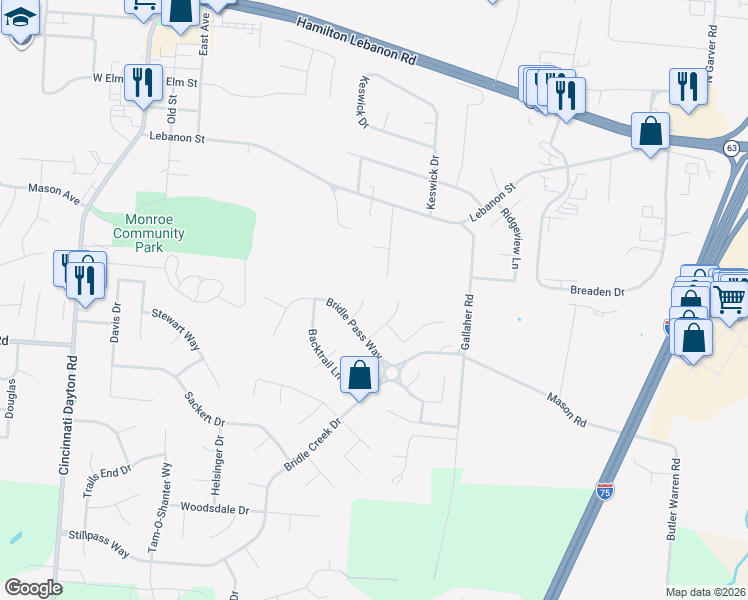 map of restaurants, bars, coffee shops, grocery stores, and more near 45 Buggywhip Court in Monroe
